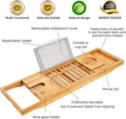 Moclever Bathtub Caddy Trays - Premium Bamboo Bath Trays with Extending Sides, Reading Rack, Tablet Holder, Cell Phone Tray and Luxury Wine Glass Holder - Natural Bamboo Color