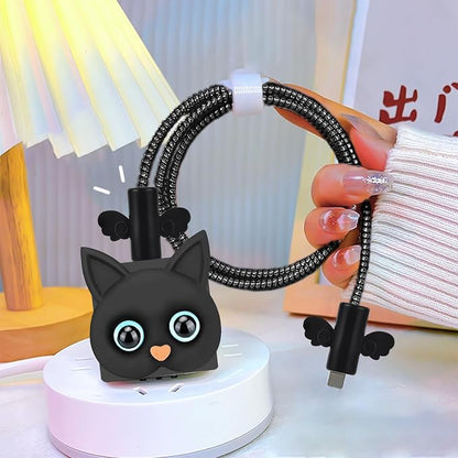 CameCosy DIY Phone Charger Case Storage Sets Cable Protector Earphone Wire Saver with Lovely Travel Cable Storage Bag, Cute Cable Charger Protector Cord Organizer for iPhone (Black Cat)