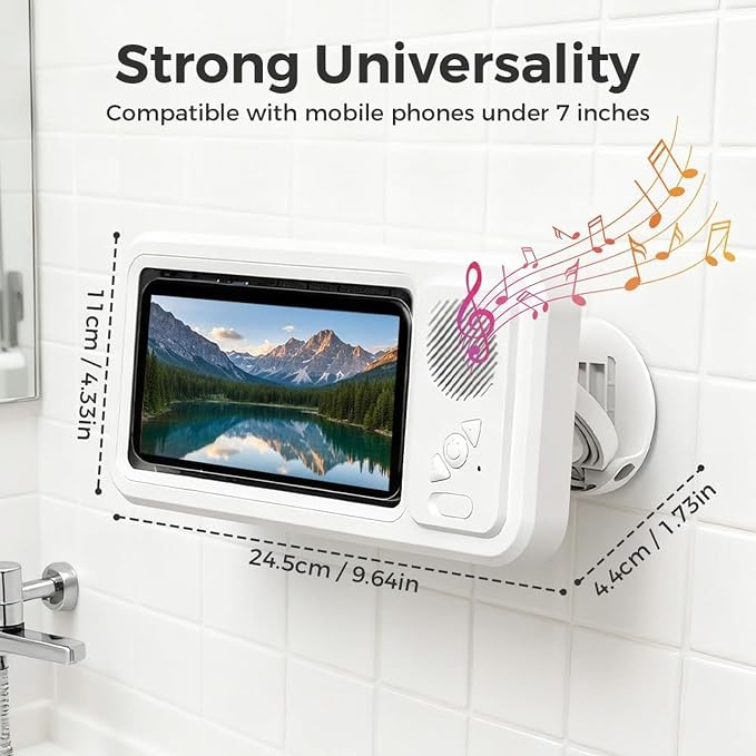 Shower Phone Holder with Wireless Bluetooth Speaker, Waterproof Shower Phone Case for Any Phone, Hands-Free Bathroom Entertainment, Play Music and Take Calls (White)