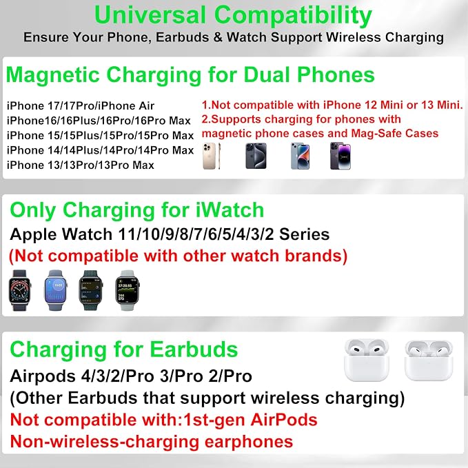 Dual Phone Wireless Charging Station for Apple Devices, Magnetic Charging Station for iPhone with Auto Switch 7-Color Light&Clock, Family Watch Charger for iPhone17 for iWatch11 for AirPods Pro3(Snow)