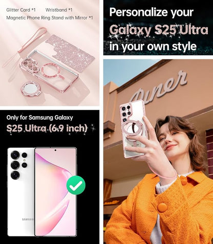 Meifigno Magnetic Case with Removable Phone Ring Stand for Samsung Galaxy S25 Ultra, [Glitter Card & Wrist Strap] [MagSafe Compatible] [Built in Mirror] Phone Ring Stand + Phone Case Kit, Rose Gold
