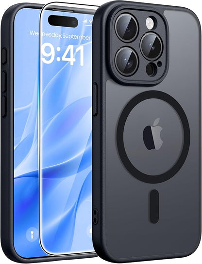 FNTCASE for iPhone 15 Pro Case: [Compatible with Magsafe] Translucent Matte Cases with [Full Camera Protection] [Screen Protector] Military Grade Shockproof Protective Phone Cover -Black