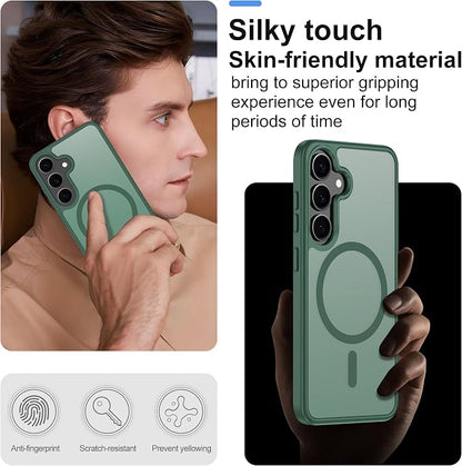 For Samsung Galaxy S24 Case & Galaxy S25 Case [Compatible with Magsafe] Translucent Matte Magnetic Phone Case,Slim Thin Duty Shockproof Protection with 2pc HD Screen Protector for S24/S25-Dark green