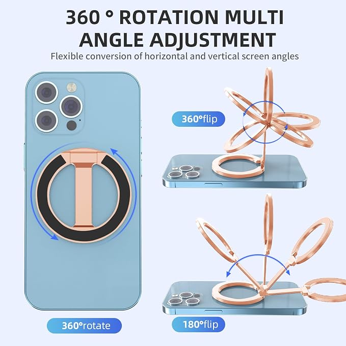 Double Magnetic Phone Ring Holder for MagSafe 360°Rotation Finger Grip Stand Adjustable Cellphone Magnetic Kickstand Mag Safe Accessories for iPhone 16/15/14/13/12 Series Rose Gold