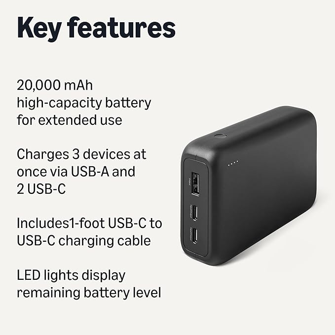 Amazon Basics High-Capacity Portable Charger Power Bank with 3-Port Output, 20,000 mAh, Black