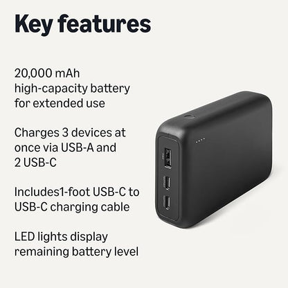 Amazon Basics High-Capacity Portable Charger Power Bank with 3-Port Output, 20,000 mAh, Black