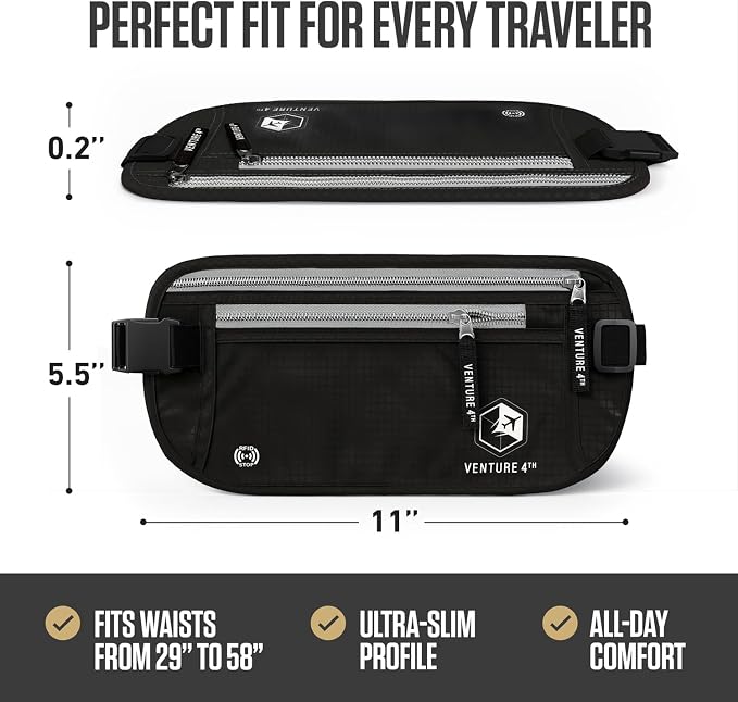 VENTURE 4TH Money Belt for Travel – Hidden Under-Clothes RFID Blocking Passport Holder & Slim Travel Wallet Pouch for Men & Women to Protect Cash, Cards & Documents (Black)