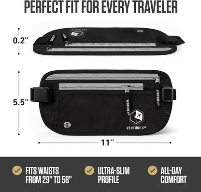 VENTURE 4TH Money Belt for Travel – Hidden Under-Clothes RFID Blocking Passport Holder & Slim Travel Wallet Pouch for Men & Women to Protect Cash, Cards & Documents (Black)