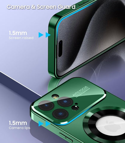 Magnetic for iPhone 15 Pro Max Case, Compatible with MagSafe, Built-in Camera Lens Protector, Logo View, Military Grade Drop Proof Phone Cover, Green