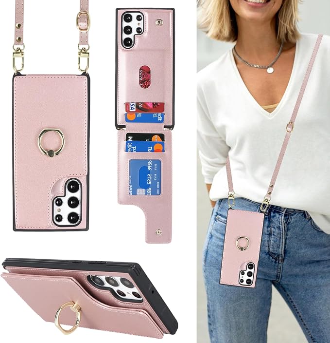 Lipvina for Samsung Galaxy S22 Ultra Case with Card Holder and Strap for Women,Crossbody Lanyard,RFID Blocking,Ring Stand,Snap Clasp,Phone Wallet Cases 6.8 inch(Rose Gold)