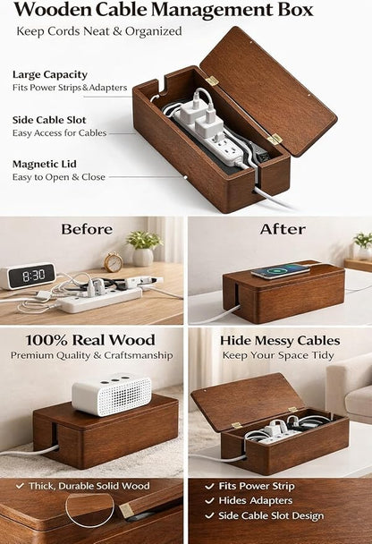 Real Wood Cable Management Box - Minimalist Home Office Decor - Walnut Finish Cord Organizer to Hide Wires & Power Strips - Spring Cleaning Essential for Desk & TV Stand - Safe for Pets & Kids