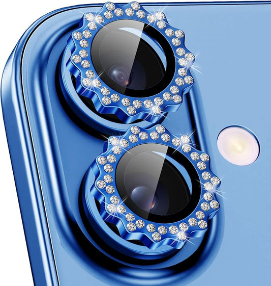 Xfilm for iPhone 16/16 Plus Camera Lens Protector Bling Individual Sun Design Diamond Ring 9H Hardness Scratchproof Protector, Stylish Phone Accessories, Case Friendly (Blue)