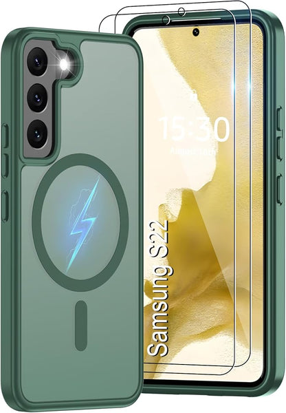 Pilaru for Samsung Galaxy S22 Case [Compatible with Magsafe] Translucent Matte Magnetic Phone Case,Slim Thin Duty Shockproof Protection Cover with 2pc HD Screen Protector-Dark Green