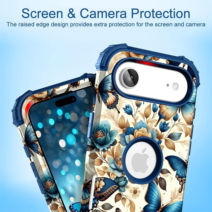 Hocase for iPhone Air Case 6.5", Heavy Duty Shockproof Protection Soft Silicone Rubber+Hard Plastic Bumpers Hybrid Protective Case for iPhone Air 2025 - Blue Butterflies