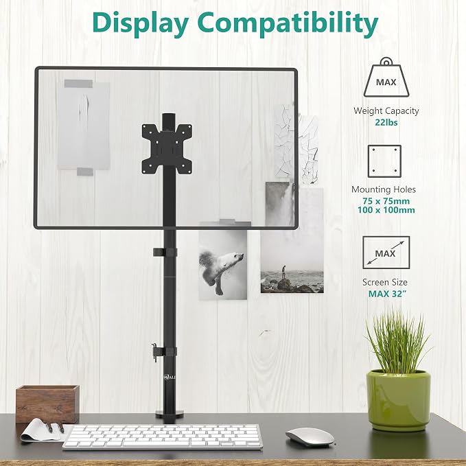WALI Monitor Arm Mount for Desk, Single Extra Tall Computer Desk Mount, Monitor Bracket Mount Stand Single, up to 32 inch, 22 lbs (M001XL), Black