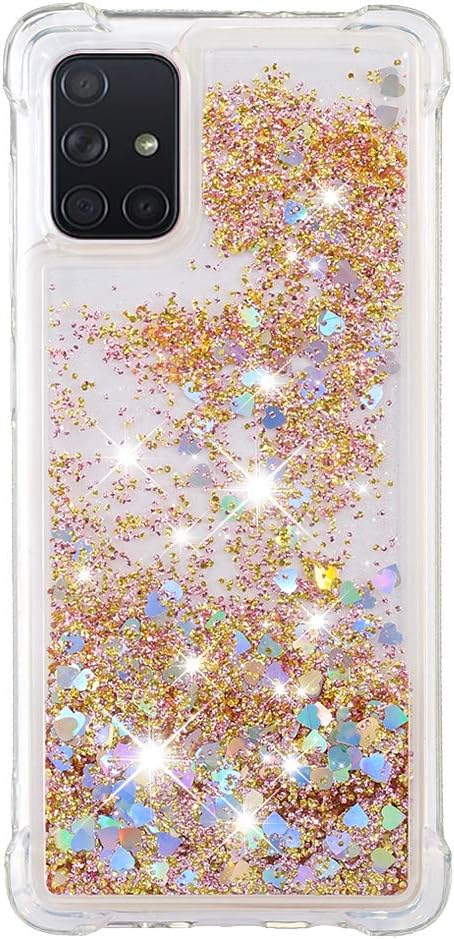 Silicone Phone Case für Galaxy A71 Glitter Gold, Women Bling Liquid Floating Case Soft TPU Bumper Cover Transparent Rubber Protective Shell Scratch Slim Back Case Compatible with Samsung Galaxy A71