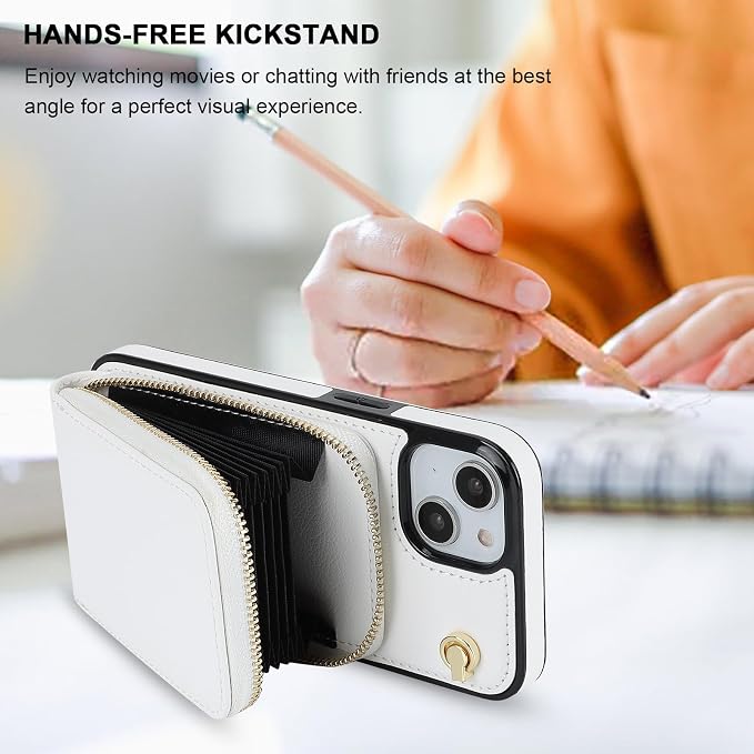 KIHUWEY Crossbody Wallet Case for iPhone 13 iPhone 14, Zipper Pocket Case with Card Holder, PU Leather RFID Blocking Protective Cover Case with Kickstand Detachable Wrist Strap Lanyard 6.1" (White)
