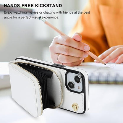 KIHUWEY Crossbody Wallet Case for iPhone 13 iPhone 14, Zipper Pocket Case with Card Holder, PU Leather RFID Blocking Protective Cover Case with Kickstand Detachable Wrist Strap Lanyard 6.1" (White)