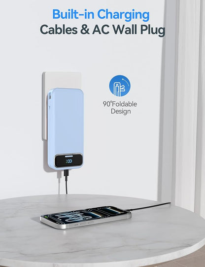 20000mAh Lightweight-Portable-Charger-Power-Bank with Built-in Cables and AC Wall Plug, PD20W USB-C Fast Charging Battery Pack, LED Display External Travel Phone Charger for All iPhone,Samsung,Android