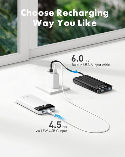charmast 2 Pack 10000mAh Portable Charger, Power Bank with Built-in 4 Cables, 6 Outputs & 3 Inputs, Battery Pack with Digital Display, Travel Essential for iPhone All Series & Android, Family Sharing