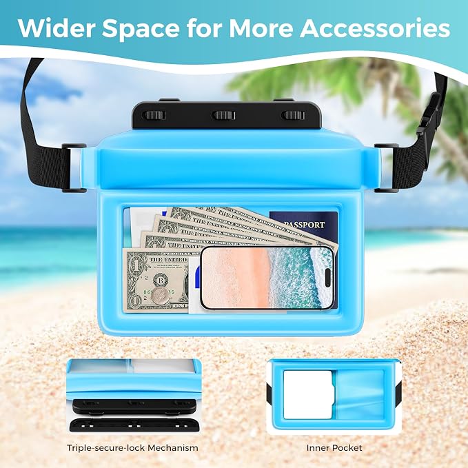 JOTO Large Floating Waterproof Phone Pouch with Adjustable Waist Strap, Water Proof Fanny Pack Dry Bag Wallet for Cellphone Passport Watch and Valuables, Beach Essential for Swimming Snorkeling -Blue