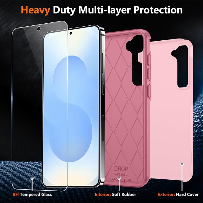 SPIDERCASE Designed for Samsung Galaxy S25 Plus Case, [10 FT Military Grade Drop Protection],2 Pack [Tempered Glass Screen Protector+Camera Lens Protector] Heavy Duty Shockproof Case,Pink