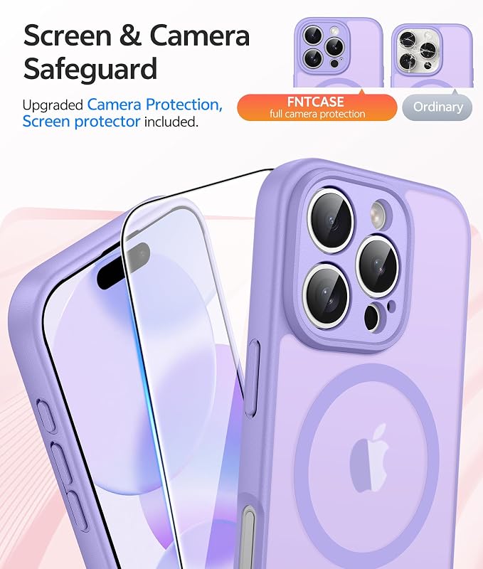 FNTCASE for iPhone 16 Pro Max Case: [Compatible with Magsafe] Translucent Matte Cases with [Full Camera Protection] [Screen Protector] Military Grade Shockproof Protective Phone Cover - Light Purple