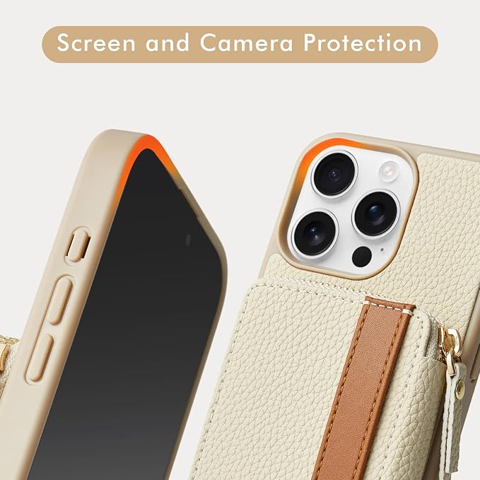 LAMEEKU for iPhone 16 Pro Max Wallet Case with Card Holder, Zipper Leather Crossbody Case with Kickstand Wrist Strap Cover with Phone Grip Holder 6.9 inch Beige