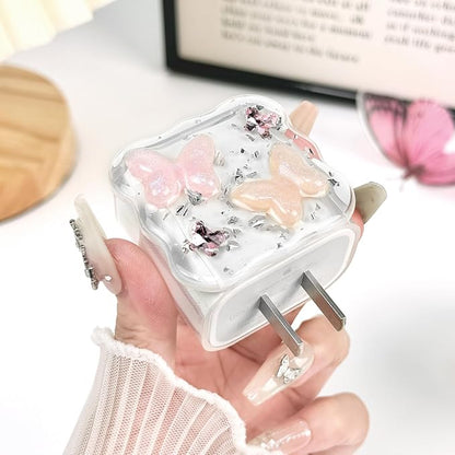 Lovmooful Compatible for iPhone 18W/20W USB-C Charger Cover Clear Lovely 3D Butterfly Waves Design Soft Charger Protector Cute Cable Case Saver Protector for Girls Women-Pink Butterfly