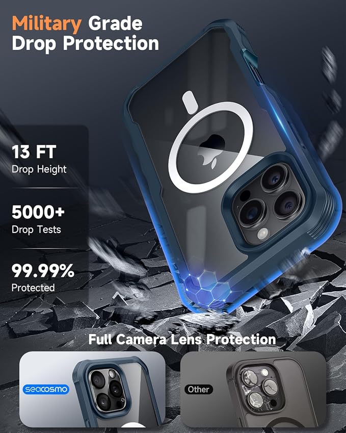 seacosmo for iPhone 16 Pro Max Case, Full Body Bumper with Built-in 9H Tempered Glass Screen and Camera Lens Protector, Compatible with MagSafe, Shockproof 16 Pro Max Phone Case, 6.9", Blue