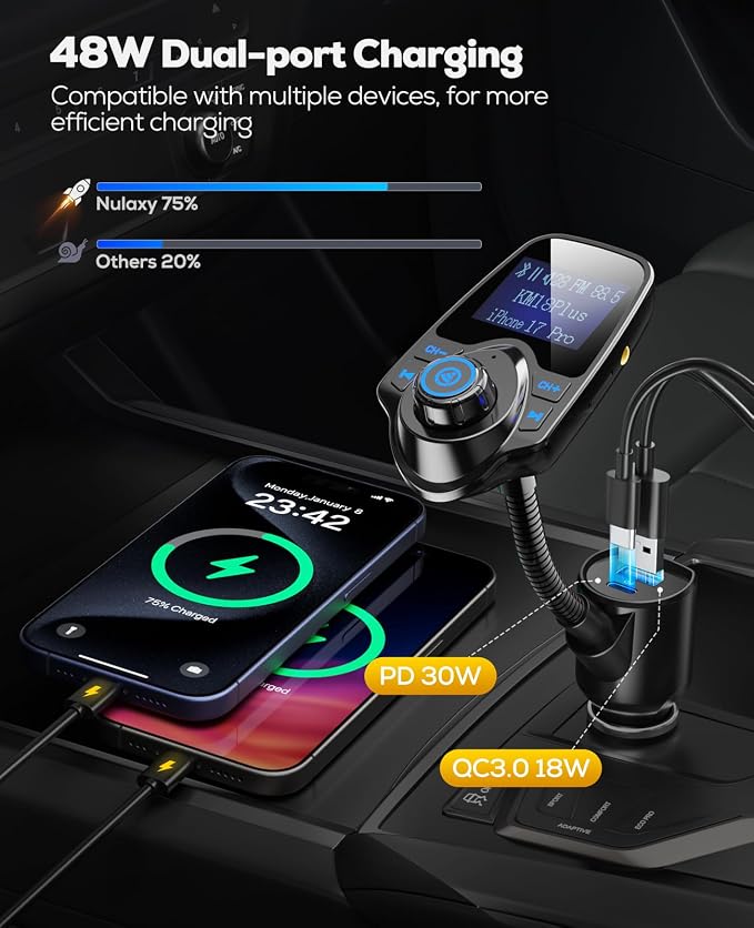 Nulaxy [2026 KM18 Upgraded Version] 48W Bluetooth 5.4 Car Adapter with Fasting Charging Ports [PD 30W & QC3.0 18W], Supports Hands-Free Call, 1.44" Screen Wireless Radio FM Transmitter, Black