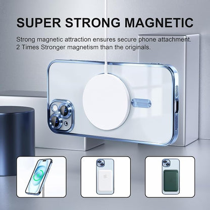 Misea Magnetic for iPhone 15 Case Compatible with MagSafe [Never Yellowing] [Military Grade Drop Protection] Full Camera Lens Protector Plating Soft Clear Phone Case for Women,Sierra Blue