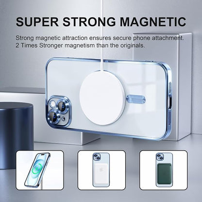 Misea Magnetic for iPhone 15 Plus Case Compatible with MagSafe [Never Yellowing] [Military Grade Drop Protection] Full Camera Lens Protector Plating Soft Clear Phone Case for Women, Sierra Blue