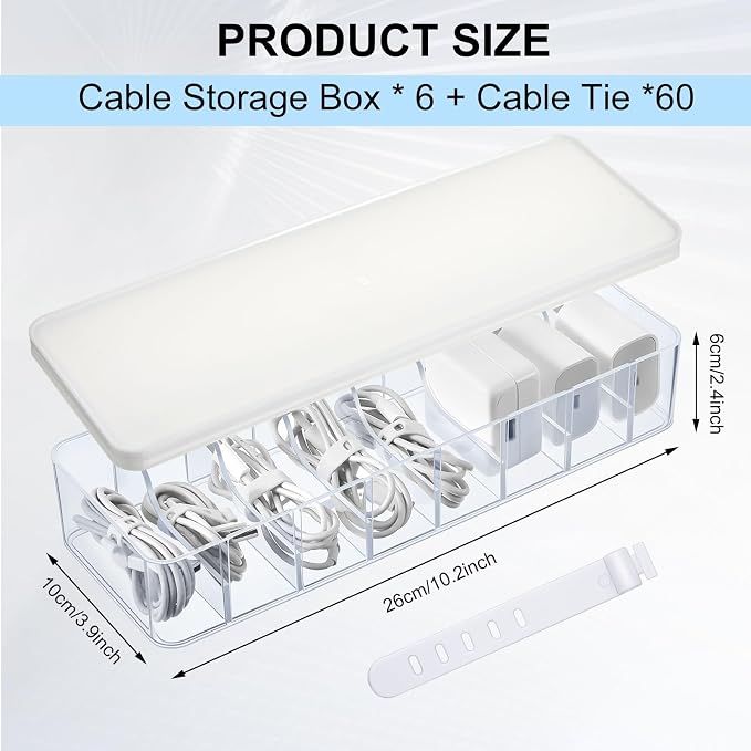 Tatuo 6 Pcs Cord Organizer for Drawer Desktop, Cable Organizer Box with 8 Compartments and Wire Ties, Plastic Charger Storage with Lid, Electronics Case for Home Office Accessories (Small,Clear,White)