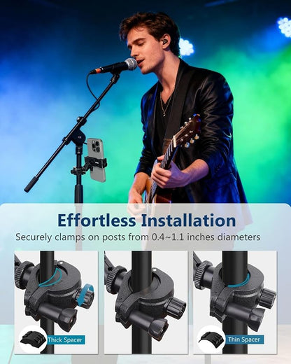 Mic Stand Phone Holder, Phone Holder Mount for Microphone Stand, Music Stand, Guitar Drums, Phone Clamp for iPhone 15 14 13 12 11 Plus Pro Max Mini Samsung Galaxy S24 S23 Ultra Google Pixel 8 7