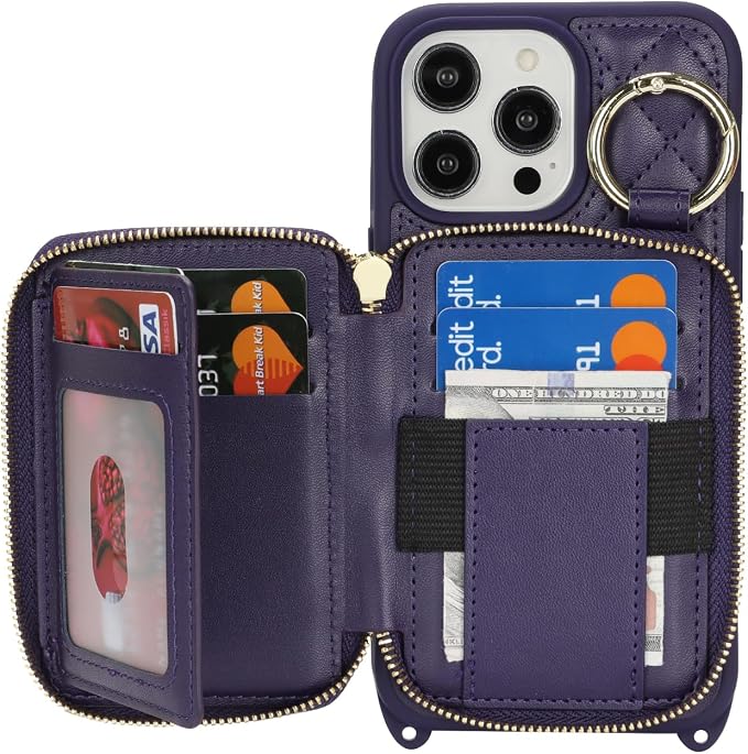 Crossbody Wallet Case for iPhone 14 Pro Max, PU Leather Zipper Handbag Purse Flip Cover, Kickstand Folio Case with Card Slots Holder Wrist Strap Lanyard 5G 6.7 Inch-Purple