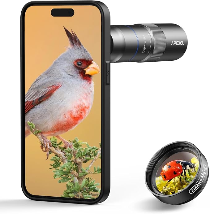 APEXEL 10X Tele-Macro Pro Dual Lens 2-in-1, Portable Clip-On Telephoto Macro Lens for 15 Pro Max, Pro Photography for Travel, Concert, Exploration