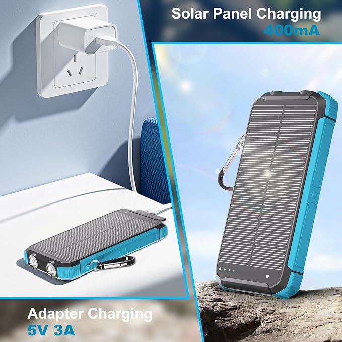 Solar Charger Power Bank 20000mAh, Wireless Fast Charging Battery Pack with 3 Built-in Cables & USB-C Input, Dual LED Flashlights, Portable Phone Charger for Camping, Travel & Emergency Use (Blue)