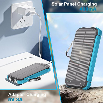 Solar Charger Power Bank 20000mAh, Wireless Fast Charging Battery Pack with 3 Built-in Cables & USB-C Input, Dual LED Flashlights, Portable Phone Charger for Camping, Travel & Emergency Use (Blue)