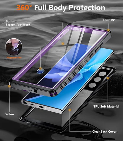 Temdan Designed for Samsung Galaxy S22 Ultra Case,Waterproof Built-in Lens & Screen Protector [Full Body Shockproof][Military Drop Proof][IP68 Underwater] Phone Case for S22 Ultra 5G-Purple (2022)