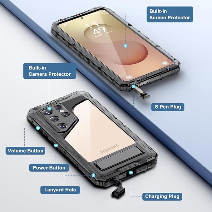 Mitywah Waterproof Case for Samsung Galaxy S25 Ultra, Heavy Duty Metal Kickstand Case, Shockproof Full Body Phone Case with Built-in Screen Protector for Samsung S25 Ultra Case Black