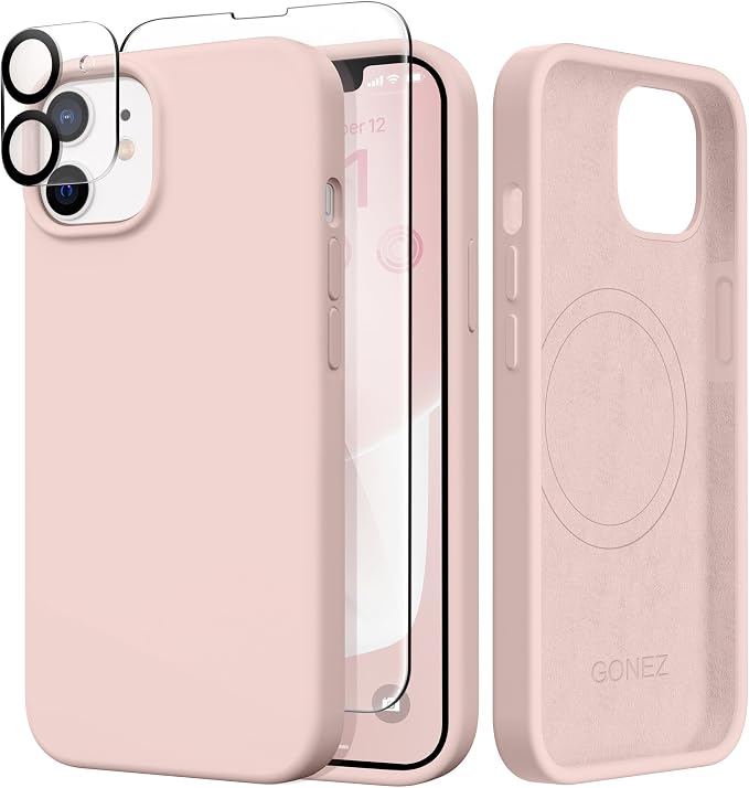 GONEZ Magnetic for iPhone 12 Case / 12 Pro Case, Compatible with MagSafe, [Screen Protector + Camera Lens Protector], Silicone Shockproof Anti-Scratch Protective Phone Case 6.1 inch, Pink