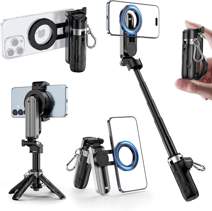 CloudValley Magnetic Mini Selfie Stick Tripod, 4-in-1 Pocket Size Phone Tripod with 360° Rotation, Choice Rechargeable Bluetooth Remote, Foldable Handle Grip, Compatible with MagSafe iPhone