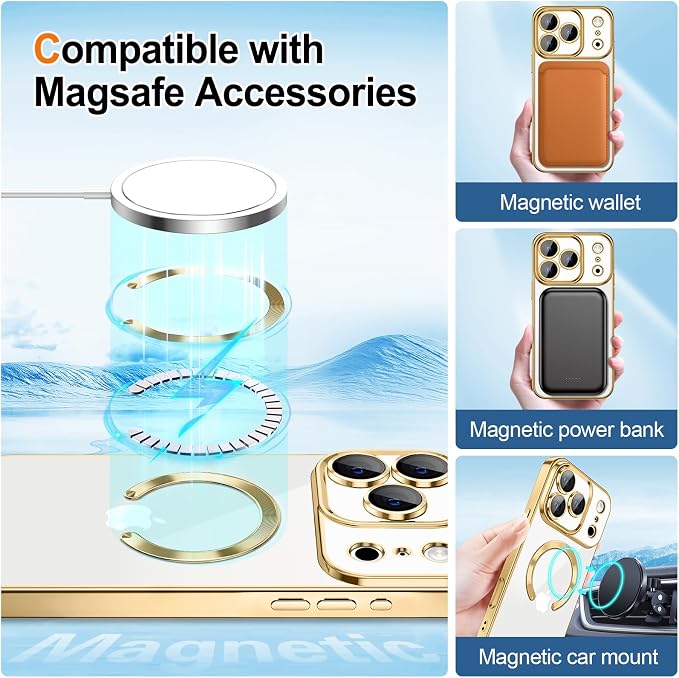 Hython for iPhone 17 Pro Max Case Glitter Clear Magnetic Phone Cases [Compatible with MagSafe] Full Camera Lens Protector Sparkle Luxury Plating Slim Shockproof Protective Cover Women, Gradient Gold