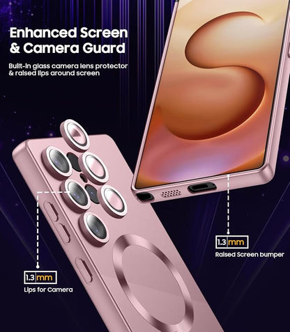 Magnetic for Samsung Galaxy S25 Ultra Case [Compatible with MagSafe][Built-in Camera Lens Protector] Slim Soft Silicone Bumper Shockproof Metallic Luster Phone Shell (Rose Gold)