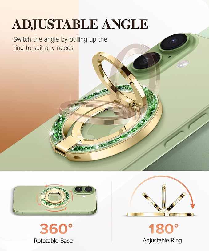 GVIEWIN Magnetic Phone Ring Holder, Compatible with MagSafe Phone Grip with Adjustable Stand, Magnet Phone Ring Kickstand for iPhone 17/16/15/14/13/12 Pro Max Plus Air/Other Phones (Glitter/Green)
