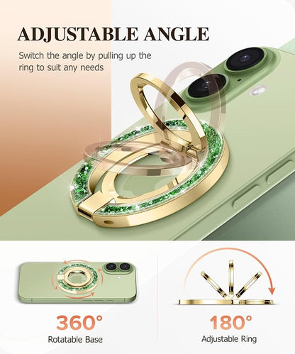 GVIEWIN Magnetic Phone Ring Holder, Compatible with MagSafe Phone Grip with Adjustable Stand, Magnet Phone Ring Kickstand for iPhone 17/16/15/14/13/12 Pro Max Plus Air/Other Phones (Glitter/Green)
