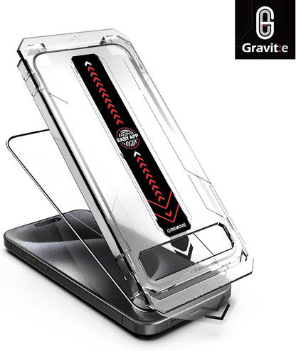 Gravit:e Screen Protector for iPhone, 9H Tempered Glass, Smart Installation Tool, Automatic Fine Dust Removal and Camera Protector 2 Pack (iPhone 15ProMax)