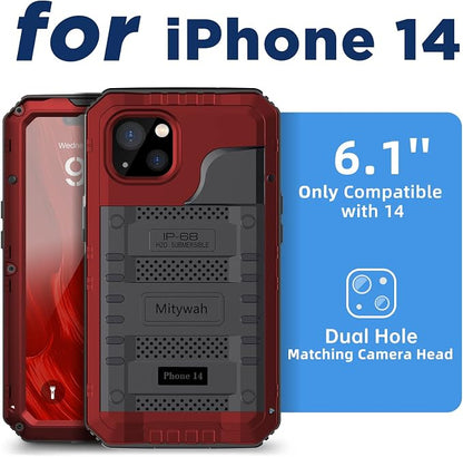 Mitywah Waterproof Case for iPhone 14, Heavy Duty Shockproof Case with Built-in Screen Protector, Full Body Underwater Protective Metal Case 6.1 inch, Red