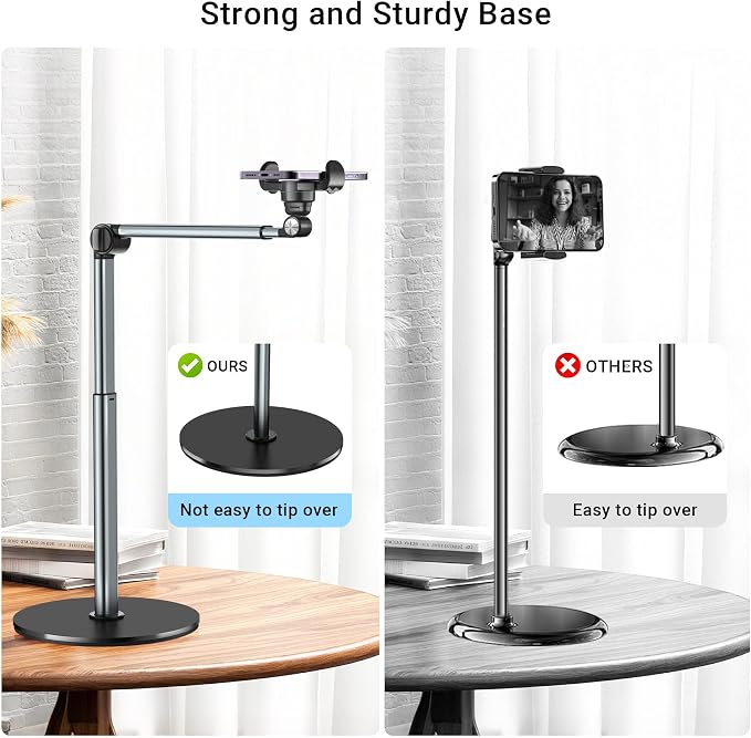 Overhead Phone Mount for Video Recording, Aluminum Overhead Tripod for iPhone, Desk Phone Camera Stand for Cooking, Nail Techs, Filming, Live Streaming